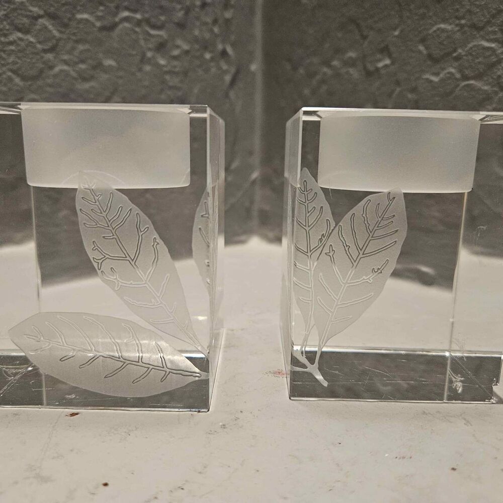 Signed Oleg Cassini Etched Leaves Crystal Votives